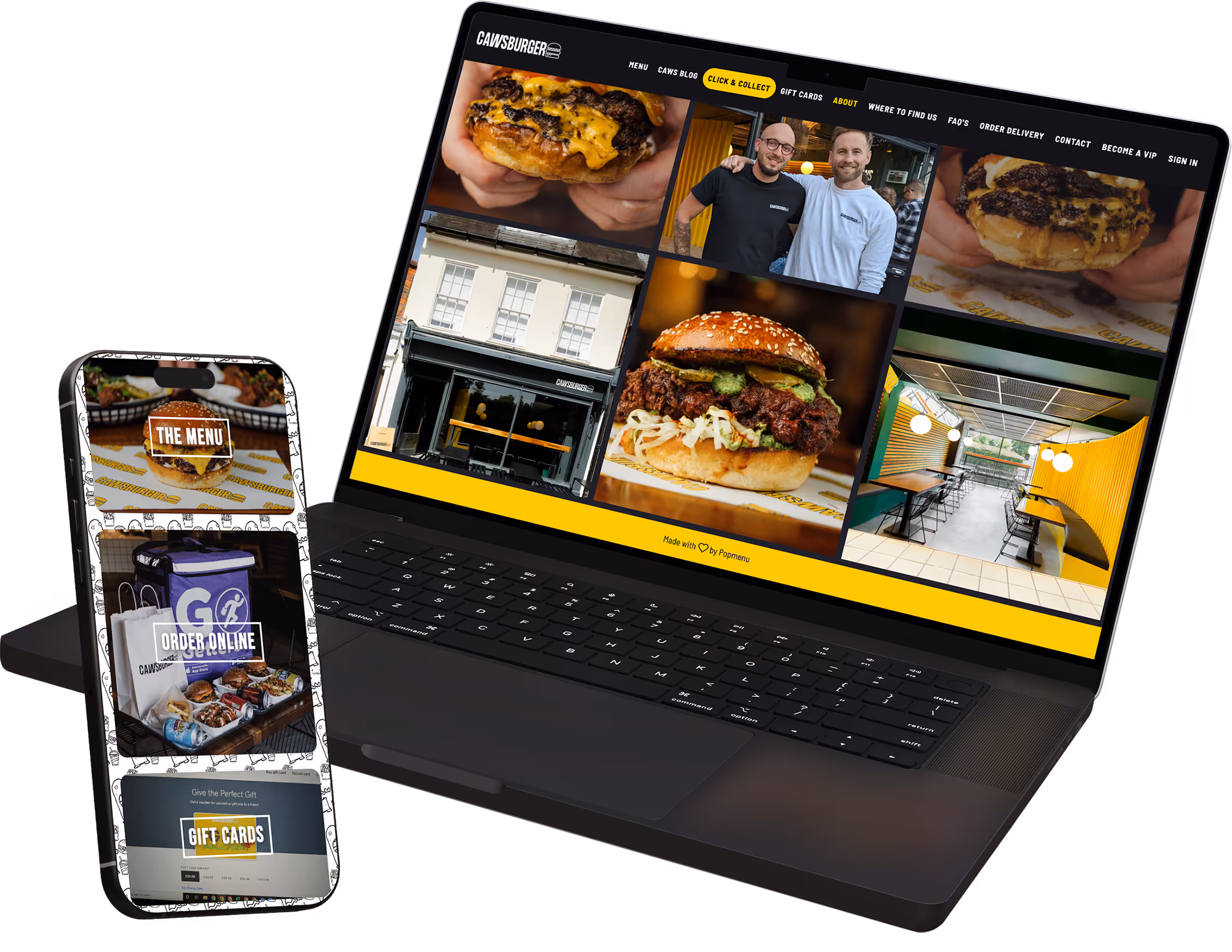 Laptop and smartphone displaying the Cawsburger website with burger images, restaurant interior, and online ordering options.