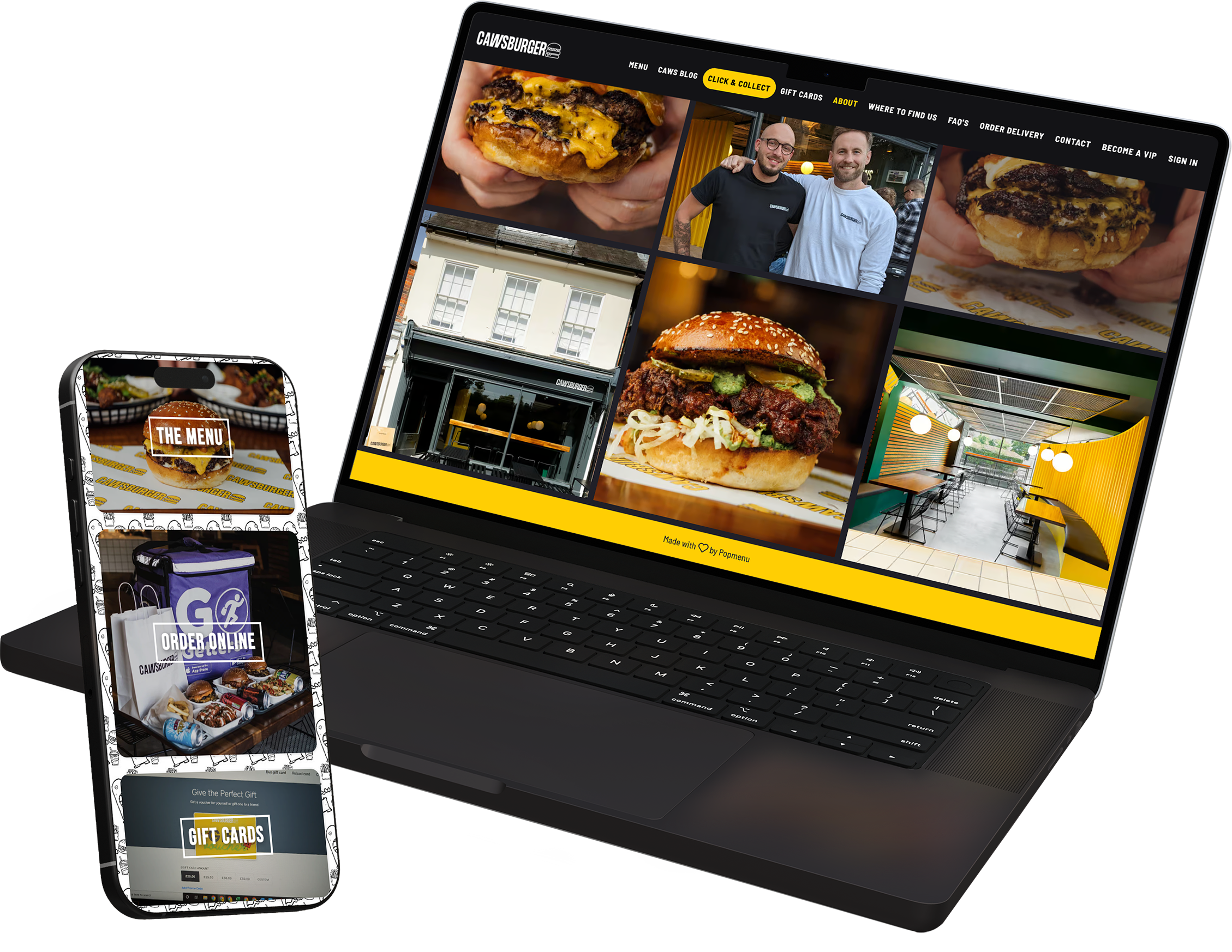 Laptop and smartphone displaying the Cawsburger website with burger images, restaurant interior, and online ordering options.