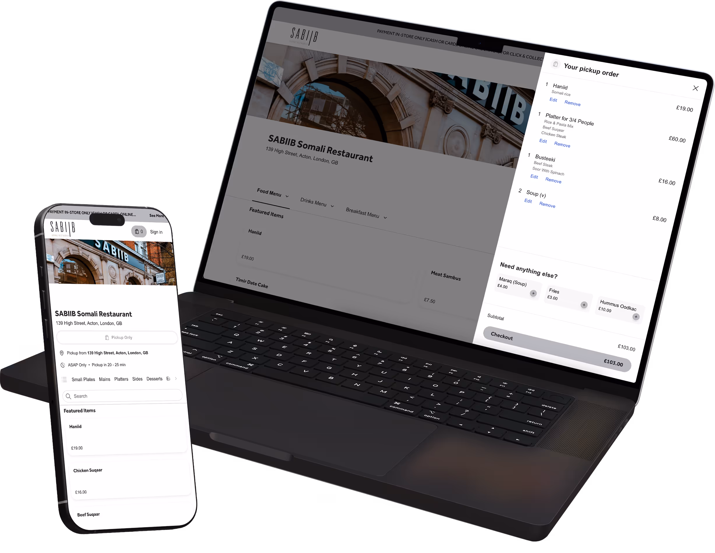 Online ordering interface for SABIIB Somali Restaurant shown on a laptop and a smartphone, displaying menu items and a pickup order summary.