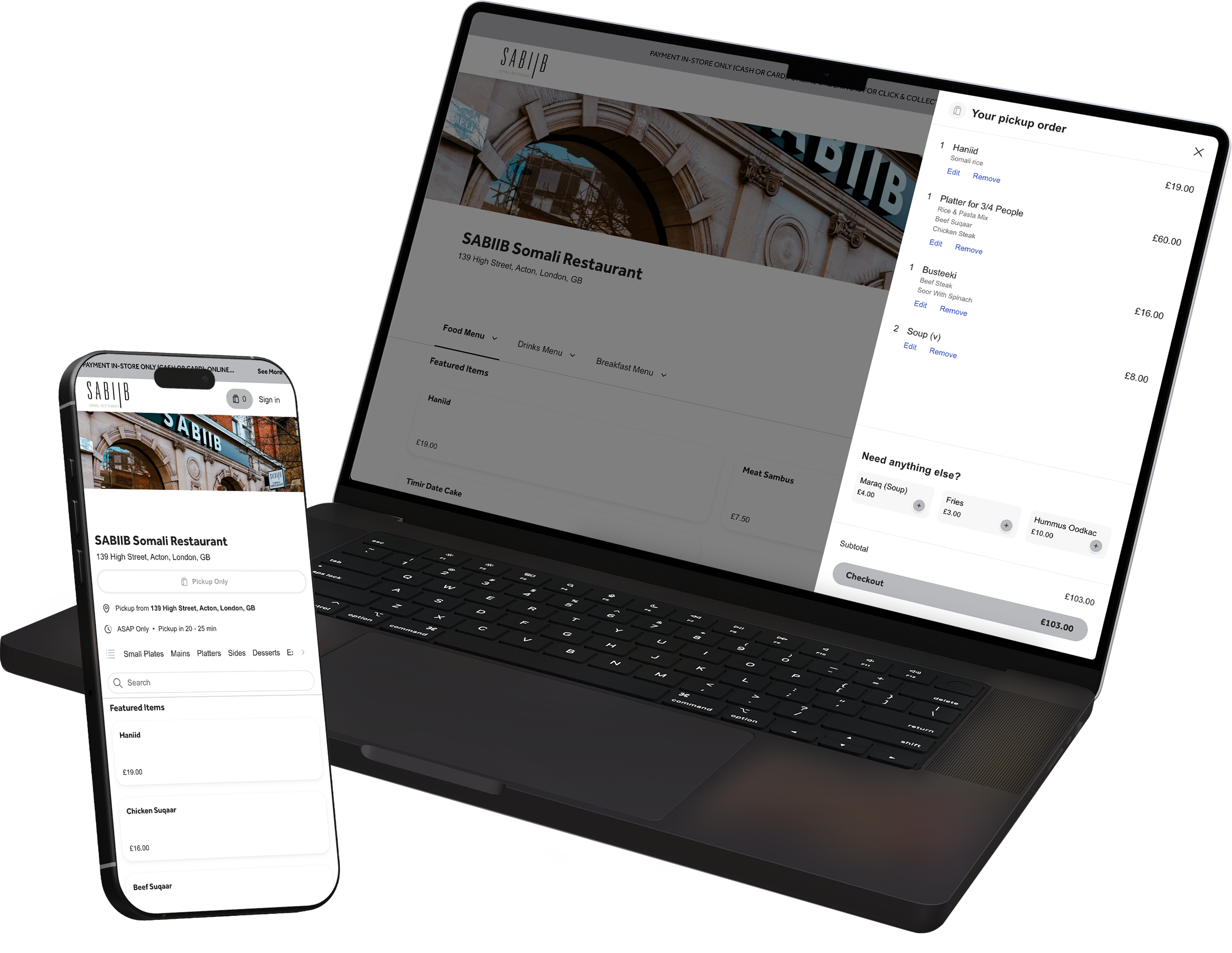 Online ordering interface for SABIIB Somali Restaurant shown on a laptop and a smartphone, displaying menu items and a pickup order summary.