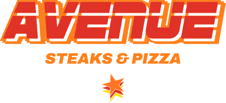 Logo with bold red text 'AVENUE' outlined in white and orange, with smaller orange text below reading 'STEAKS & PIZZA' and a stylized star beneath.