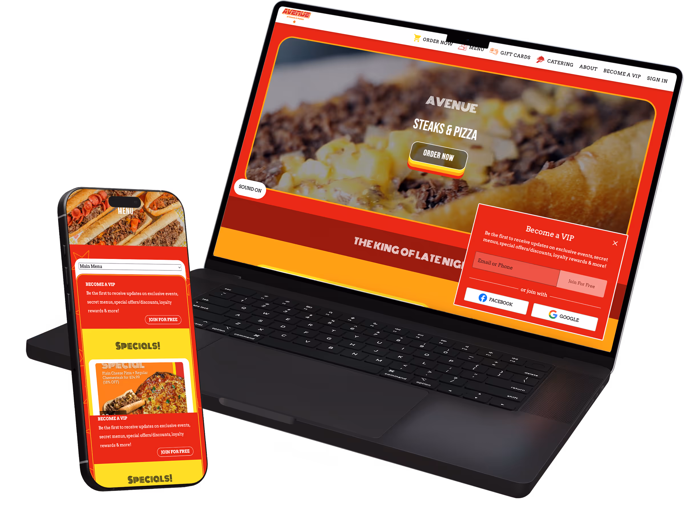 Laptop and smartphone displaying Avenue Steaks & Pizza website with menu, order options, and VIP sign-up pop-ups.