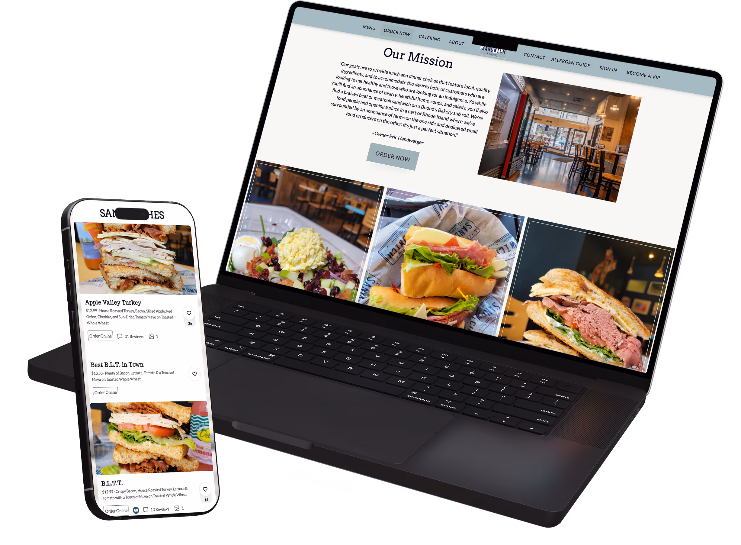 Laptop and smartphone displaying a sandwich restaurant menu with images of sandwiches and salad.