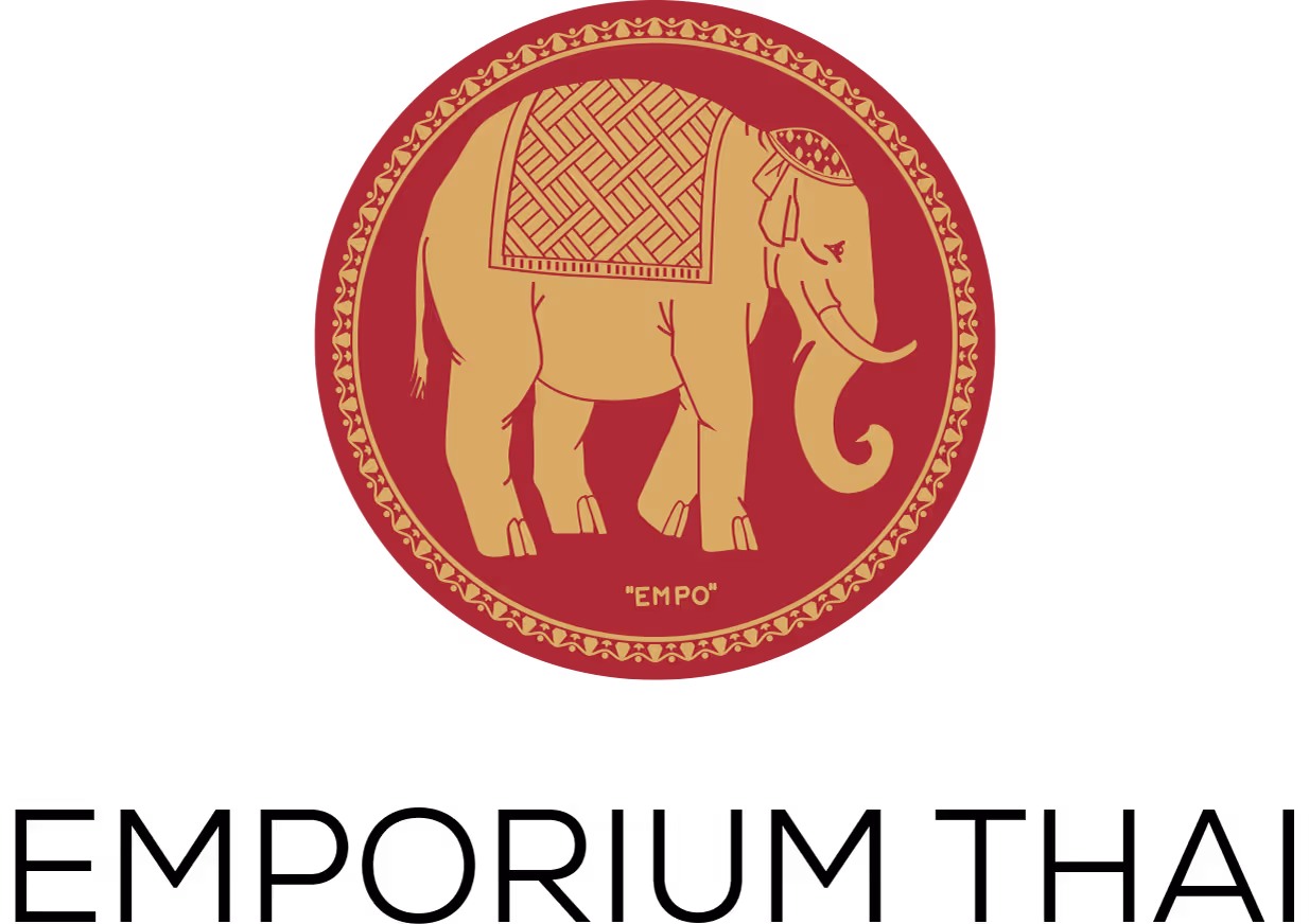 Golden elephant illustration with decorative blanket inside a patterned circular frame, above the text 'EMPORIUM THAI' in black.