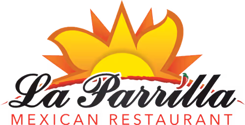 Logo featuring a stylized yellow and orange sun rising behind the text 'La Parrilla Mexican Restaurant' in black and red script.