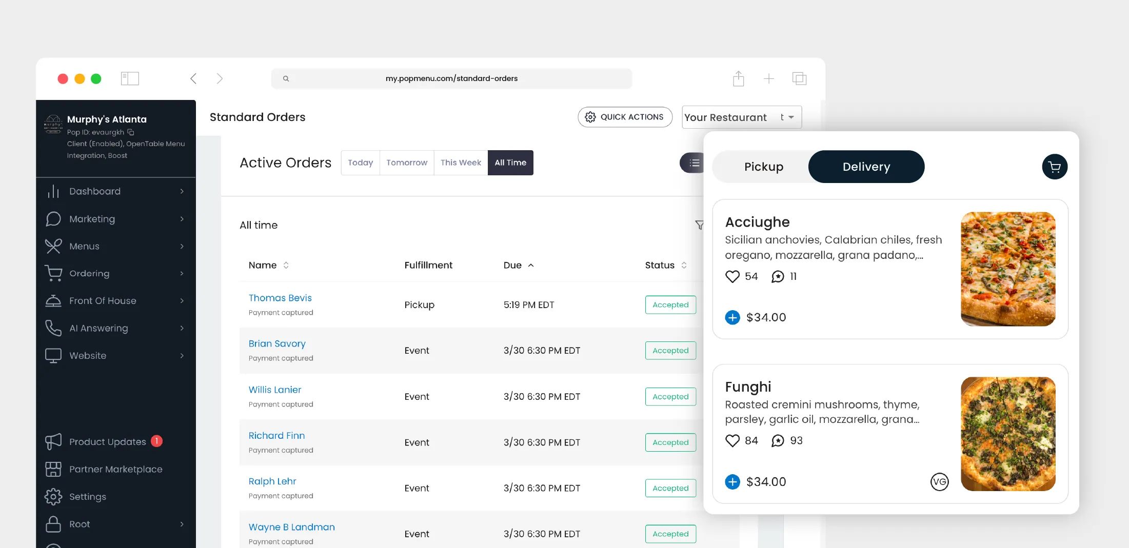Online restaurant order dashboard showing active orders and a menu popup with delivery options for pizzas Acciughe and Funghi.
