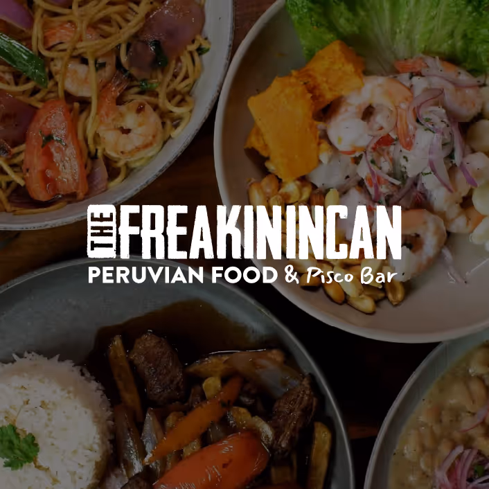 Plates of Peruvian dishes including shrimp ceviche, stir-fried noodles, beef stir-fry with rice, and a bean stew, with The Freakin Incan Peruvian Food & Pisco Bar logo overlay.