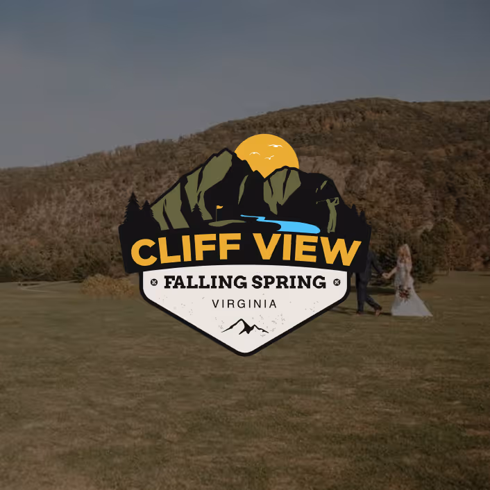 Outdoor scene with a mountainous landscape and a couple walking on grass, overlaid with a 'Cliff View Falling Spring Virginia' logo featuring mountains, a river, and a setting sun.