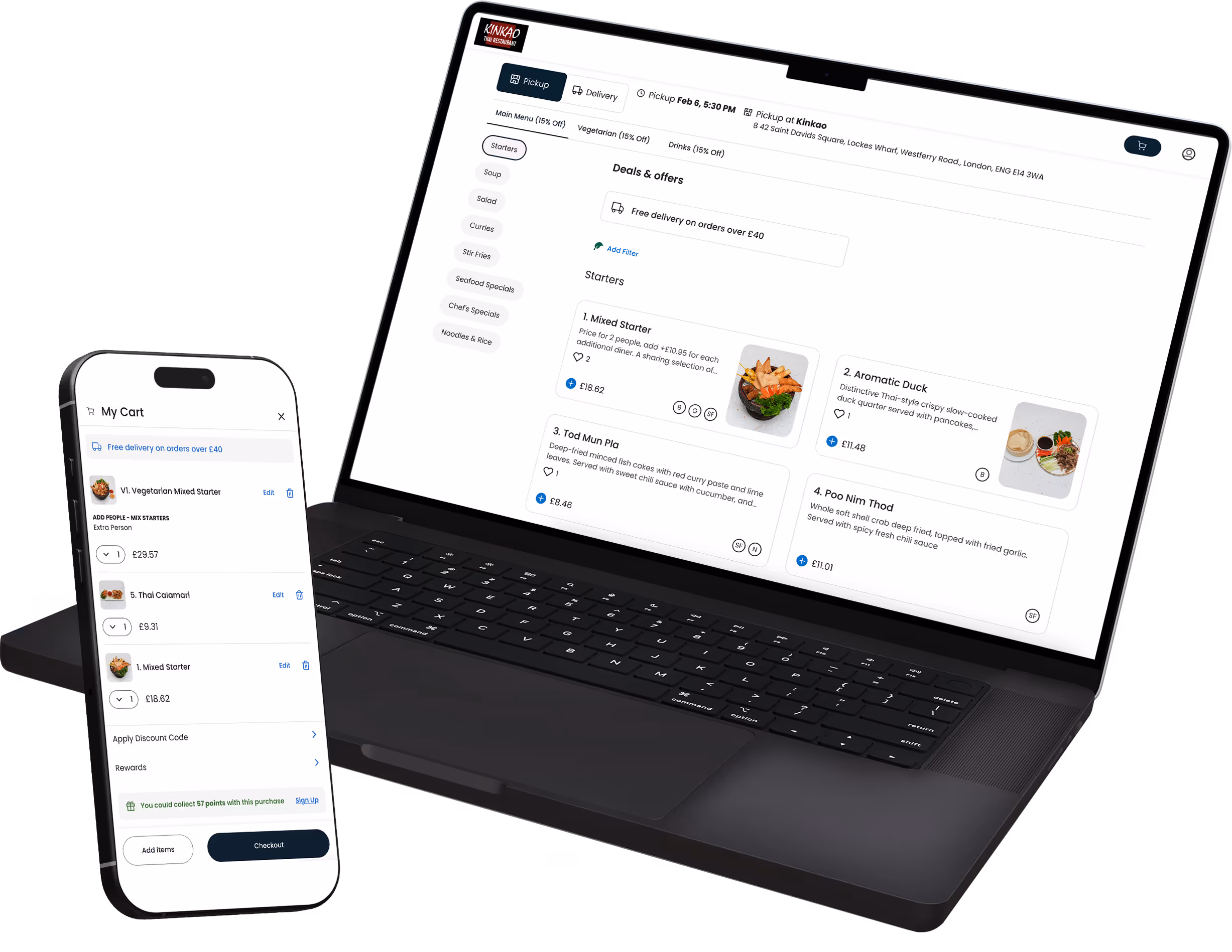 Laptop and smartphone displaying Kinkao Thai Restaurant online ordering system with menu, deals, and cart details.