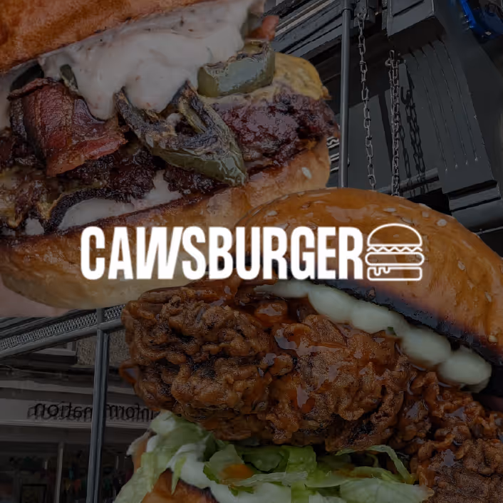 Close-up of two hamburgers with toppings, overlaid with the text CAWSBURGER and a burger icon.