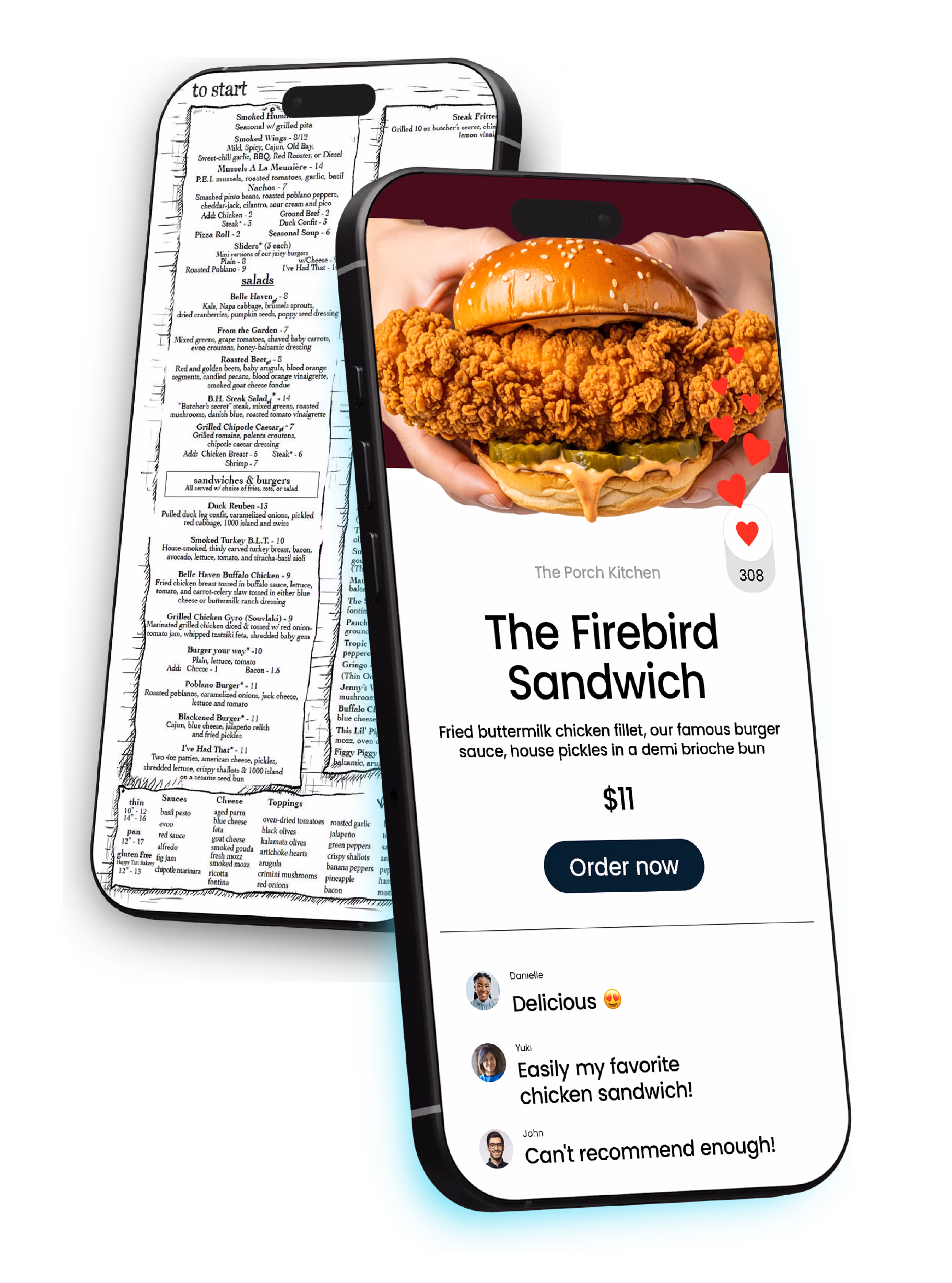 Comparison of a traditional printed menu on one phone and an interactive digital menu on another phone showing The Firebird Sandwich with image, description, price, order button, and customer reviews.