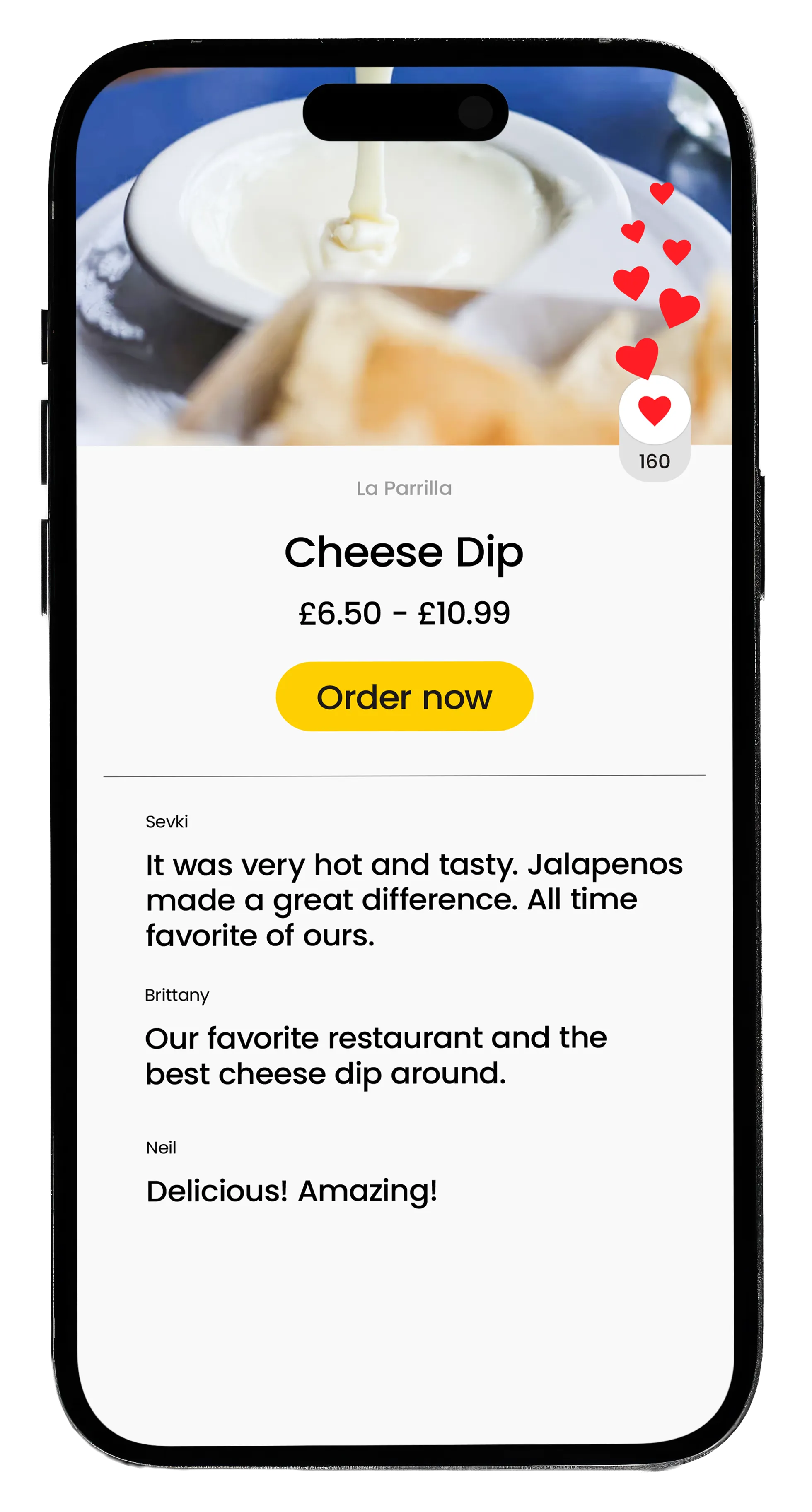 Mobile screen showing a Cheese Dip menu with prices £6.50 to £10.99, an Order now button, and customer reviews praising its taste and spiciness.