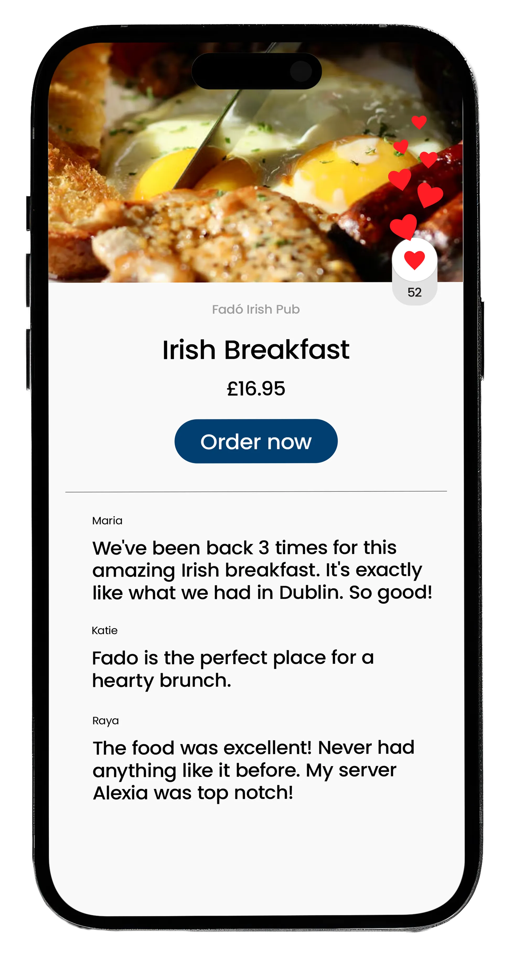 Smartphone screen showing an order page for an Irish Breakfast priced at £16.95 with a button labeled Order now and customer reviews praising the food and service at Fadó Irish Pub.