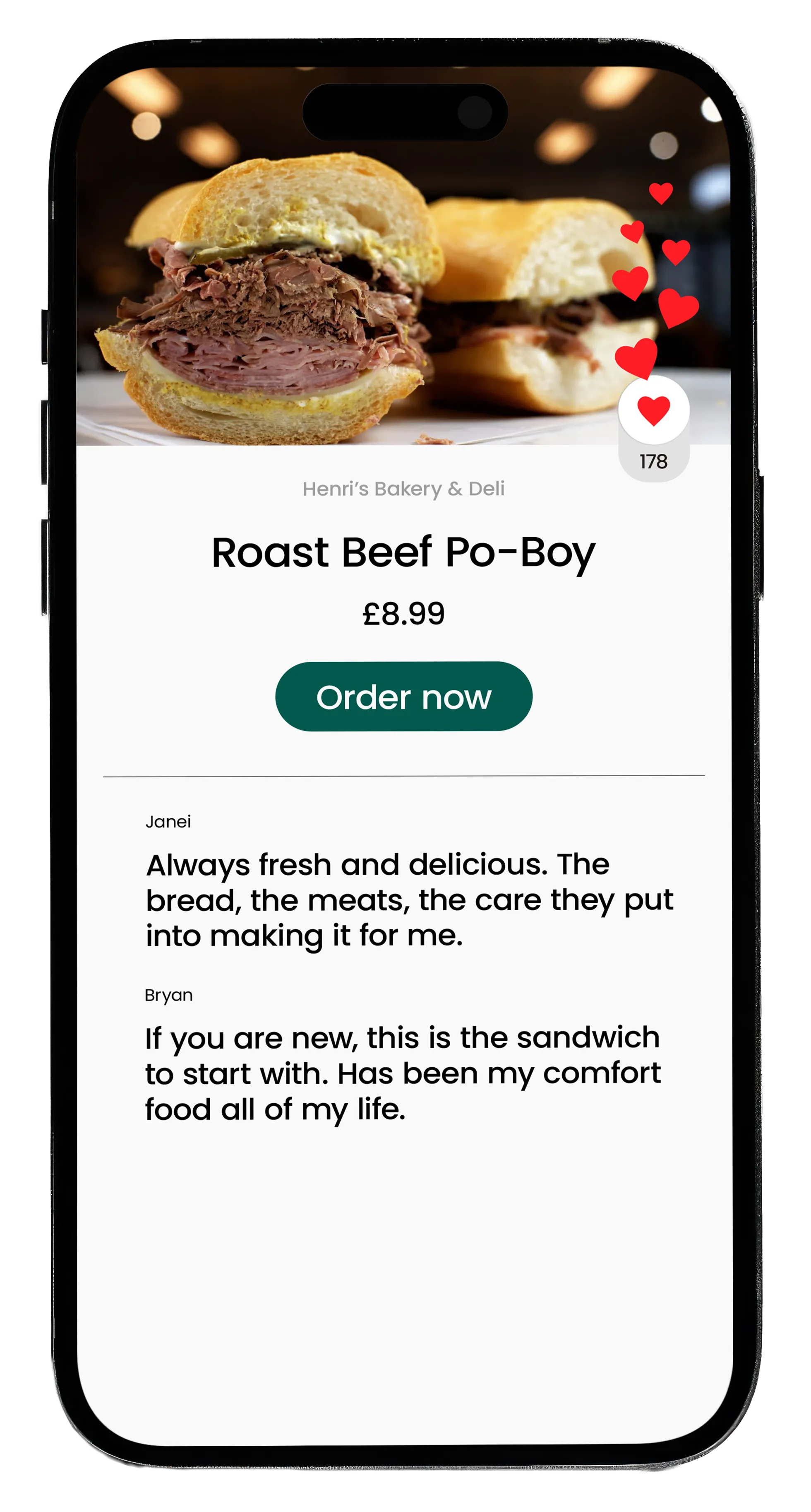 Smartphone screen showing Henri’s Bakery & Deli Roast Beef Po-Boy sandwich for £8.99 with an order button and customer reviews praising its freshness and comfort.