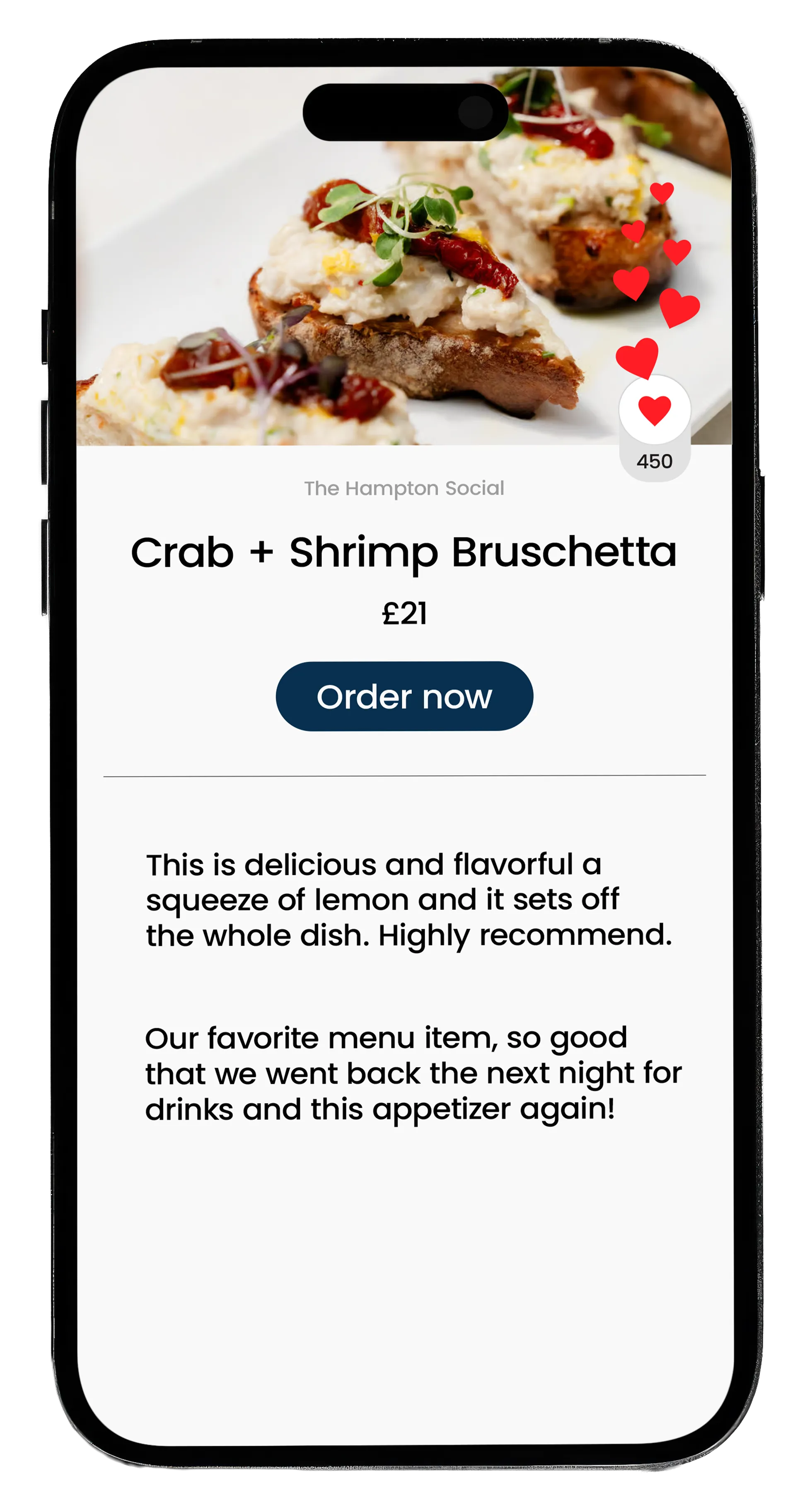 Mobile screen showing The Hampton Social menu item Crab + Shrimp Bruschetta priced at £21 with an order button and customer reviews.