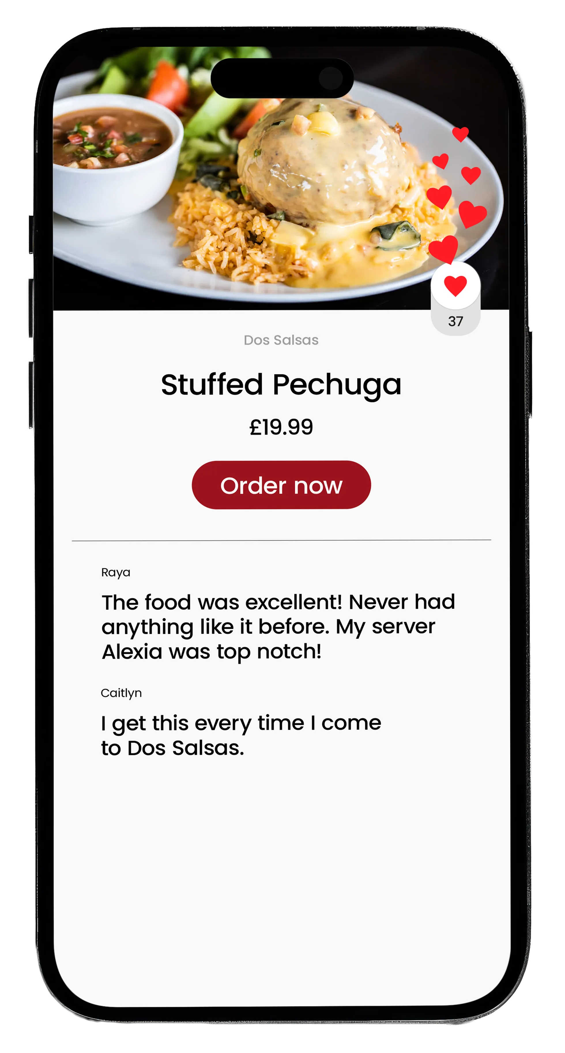 Mobile screen showing Dos Salsas dish Stuffed Pechuga with rice, beans, salad, priced at £19.99, and customer reviews.