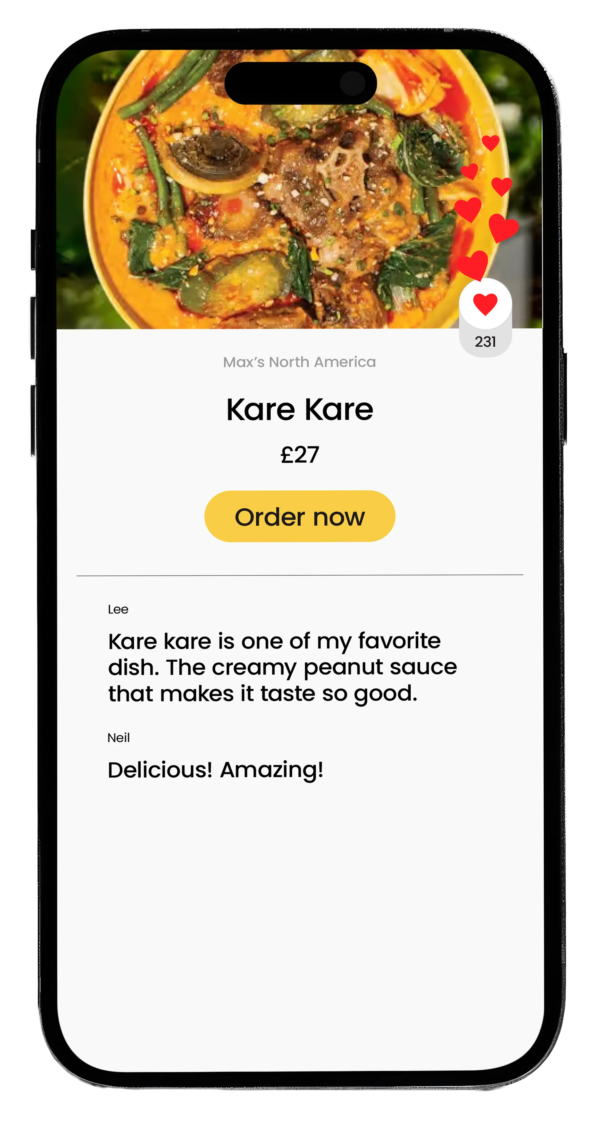 Mobile screen showing Kare Kare dish priced £27 with a creamy peanut sauce and an Order now button, including positive user reviews and 231 likes.