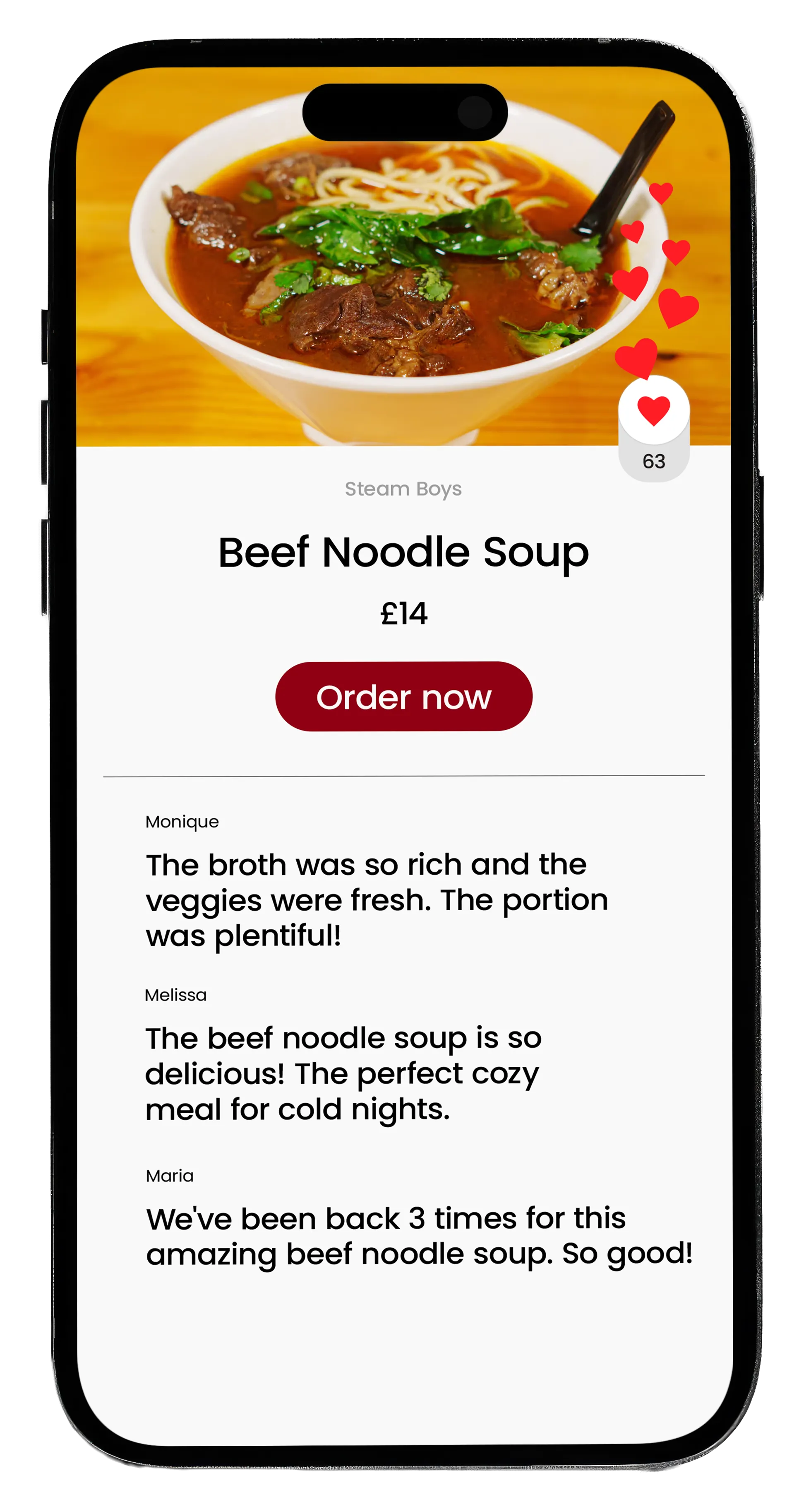 Mobile screen showing Beef Noodle Soup from Steam Boys priced at £14 with user reviews and an Order now button, and a photo of a bowl of beef noodle soup.