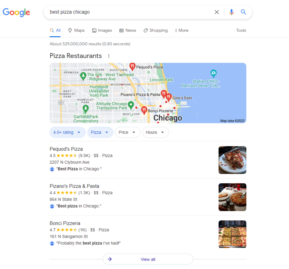 A screenshot of a google search for "Best Pizza Chicago" 