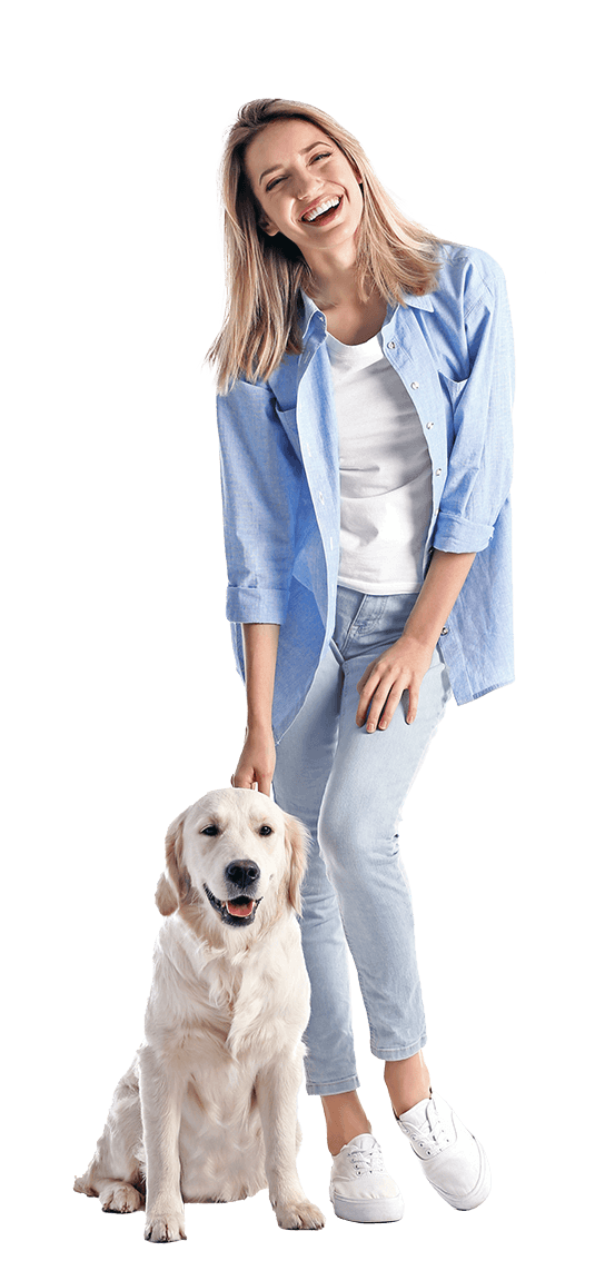 happy woman with Labrador