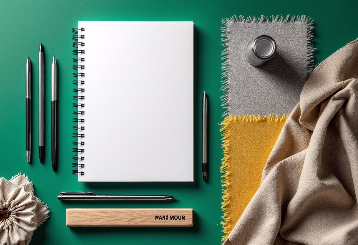 Blank spiral notebook surrounded by several pens, fabric swatches, a small jar, and a wooden block on a green surface.