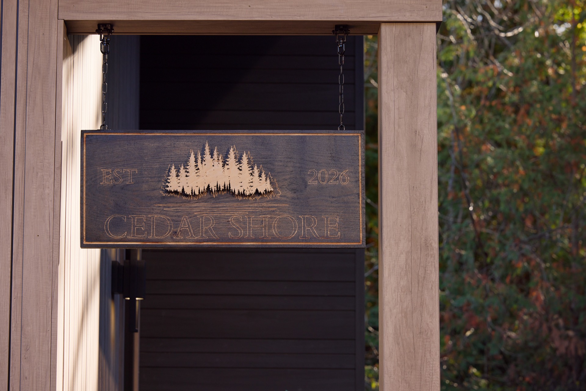 Cedar Shore cabin sign at the completed Renovation Resort build