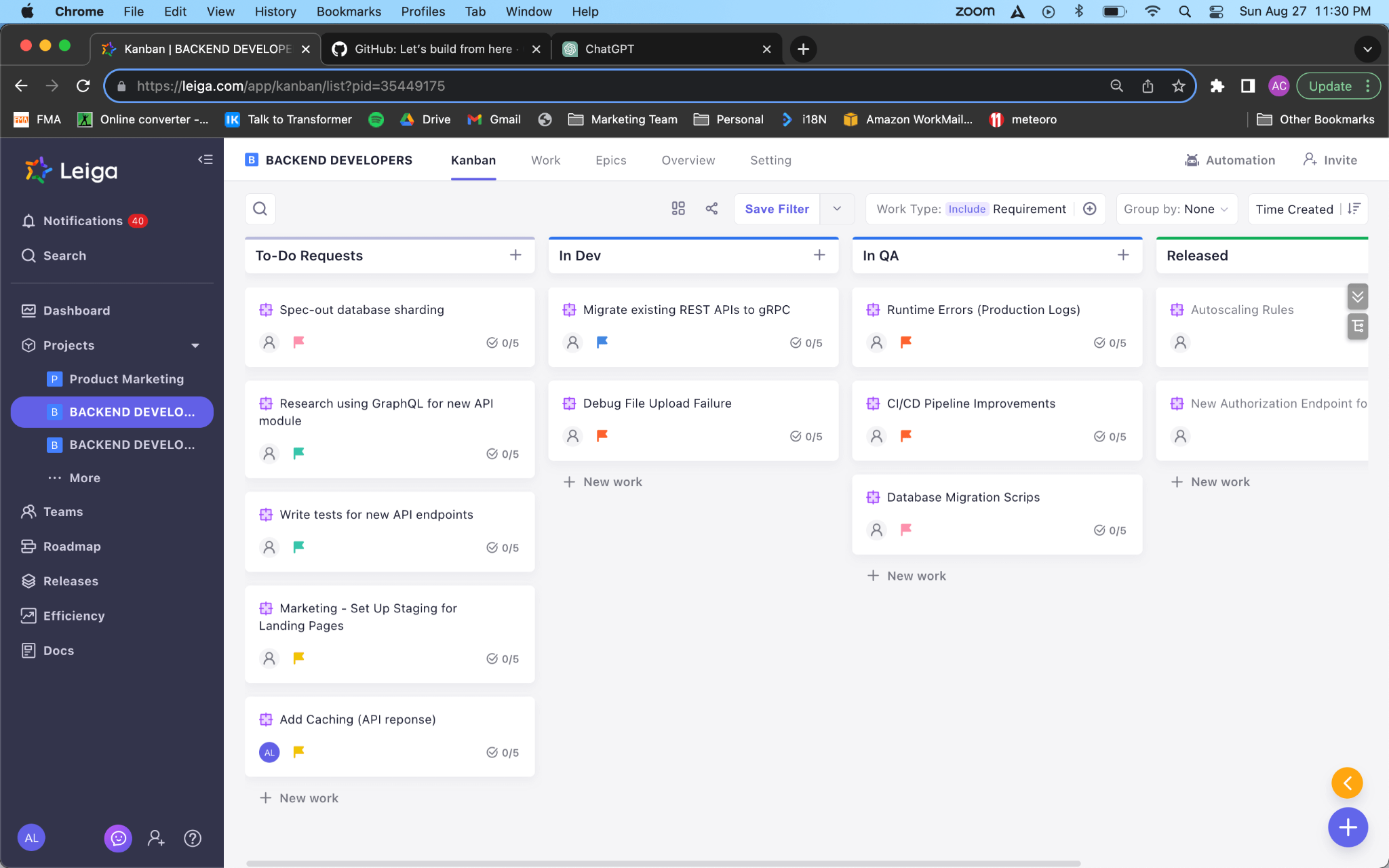 Screenshot of Leiga's Kanban board of a developer.