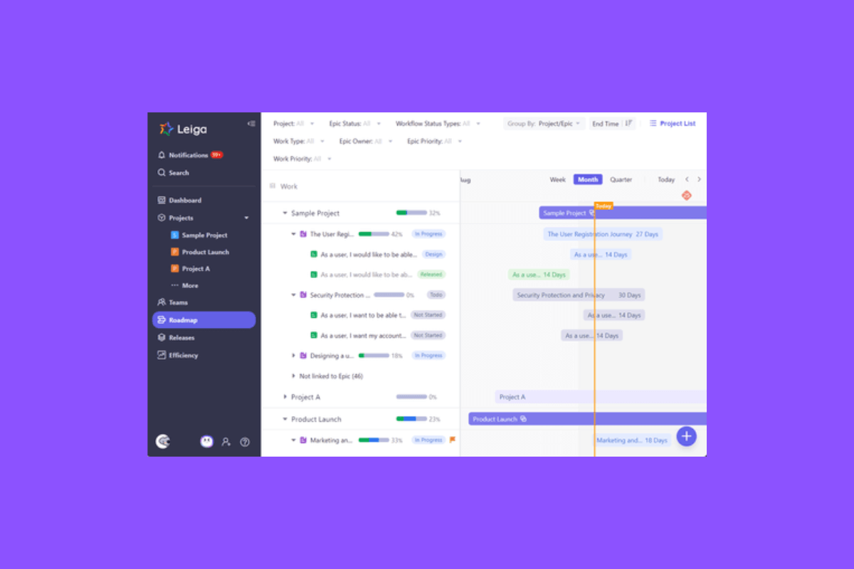 See the roadmaps and progress all in one space with Leiga
