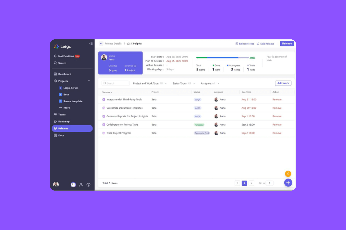 Leiga dashboard view 