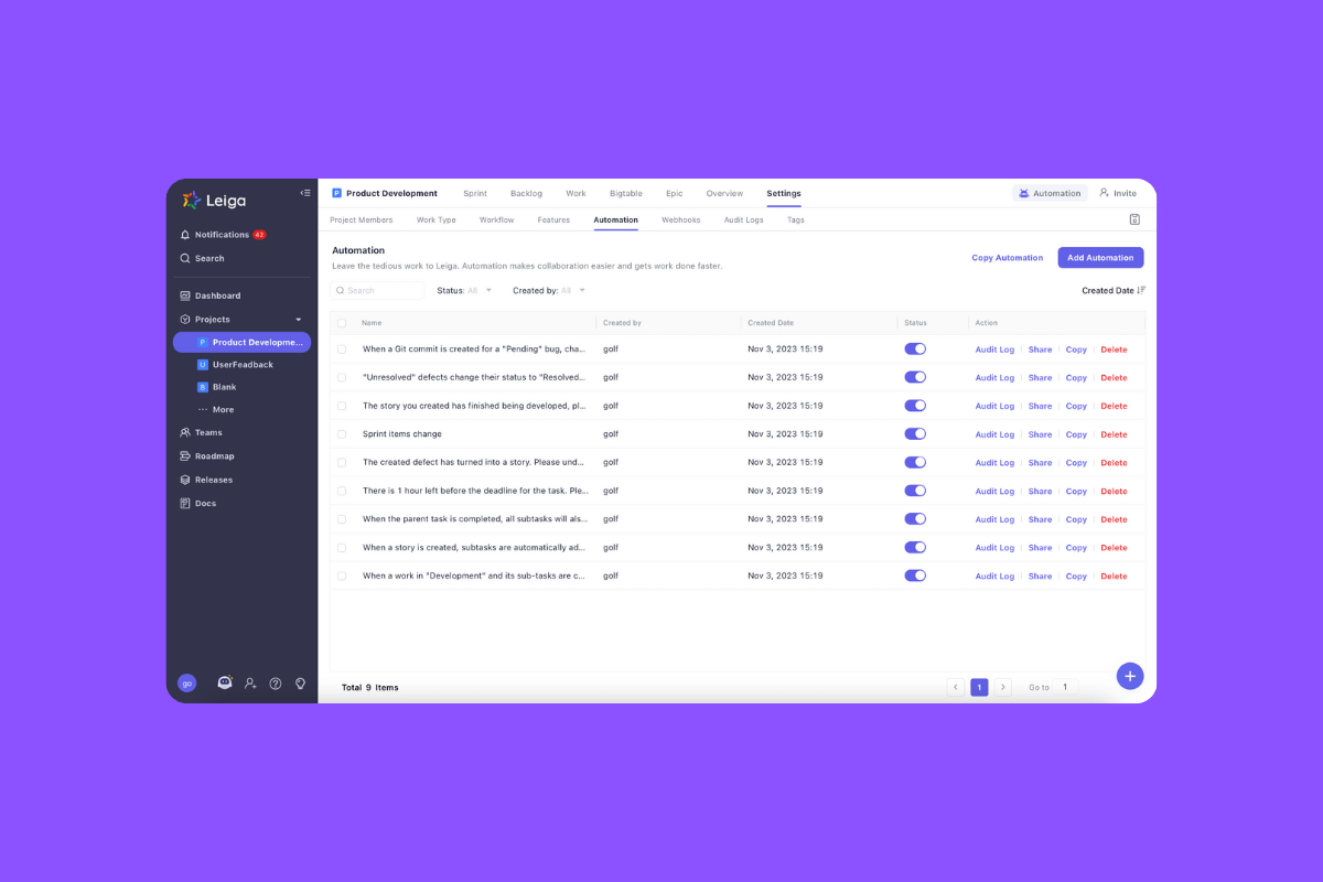 Customize workflows and utilize Leiga's automations