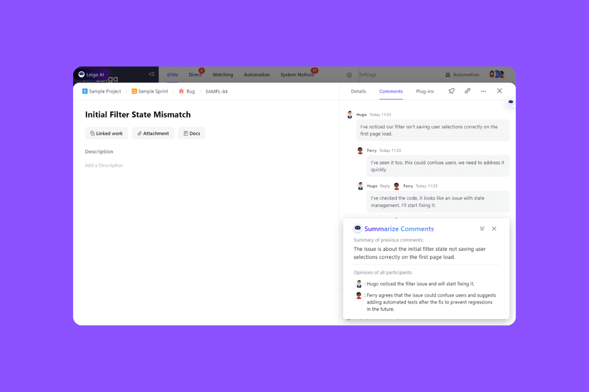 Summarized comments and threads with Leiga for async collaboration.