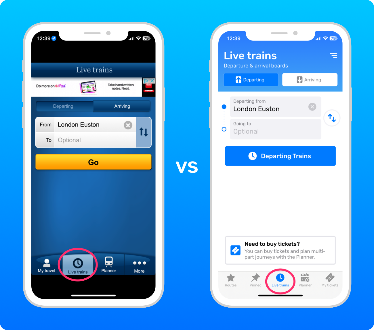 Screenshots of the “Live trains” tab in the National Rail app vs in Railboard