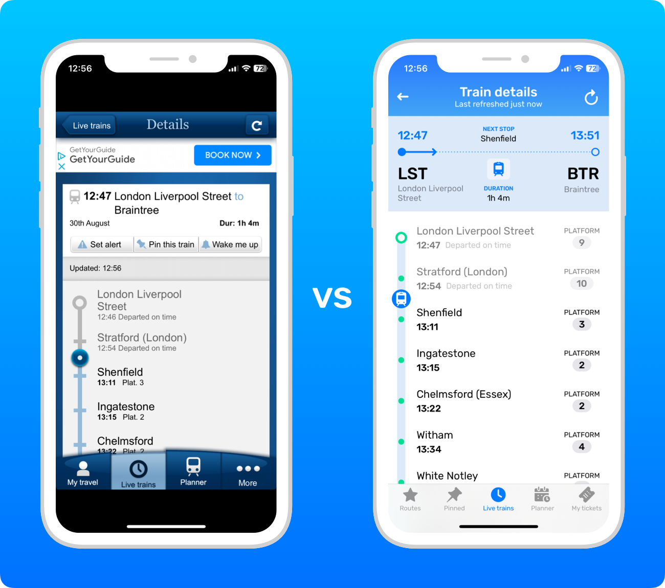 Screenshots of train details in the National Rail app vs in Railboard