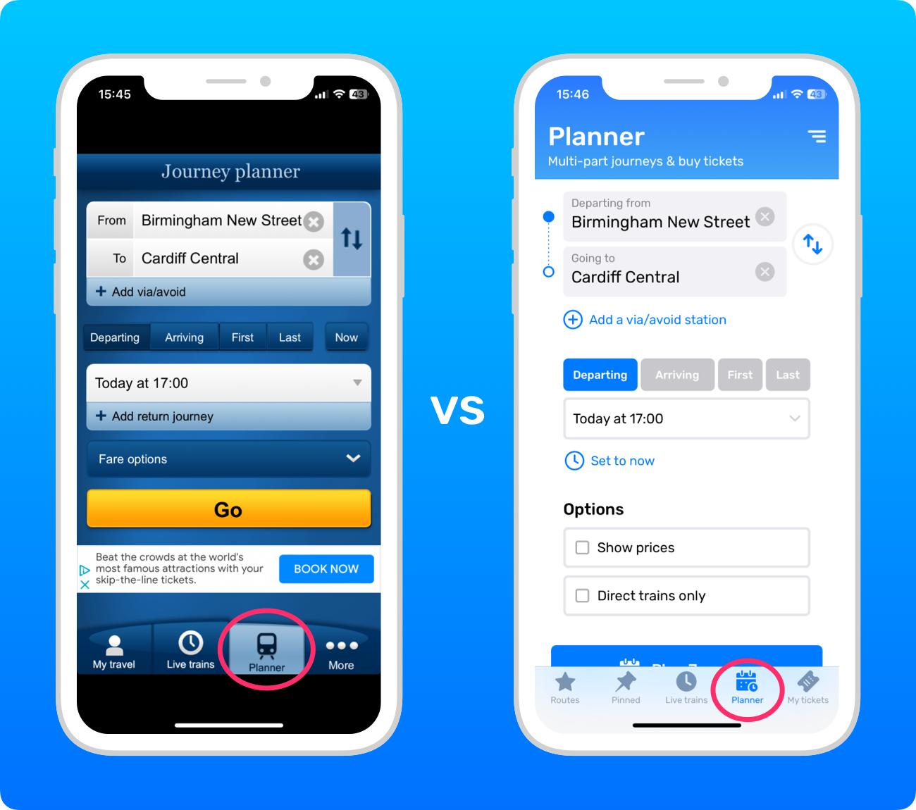 Screenshots of the Planner tab in the National Rail app vs in Railboard