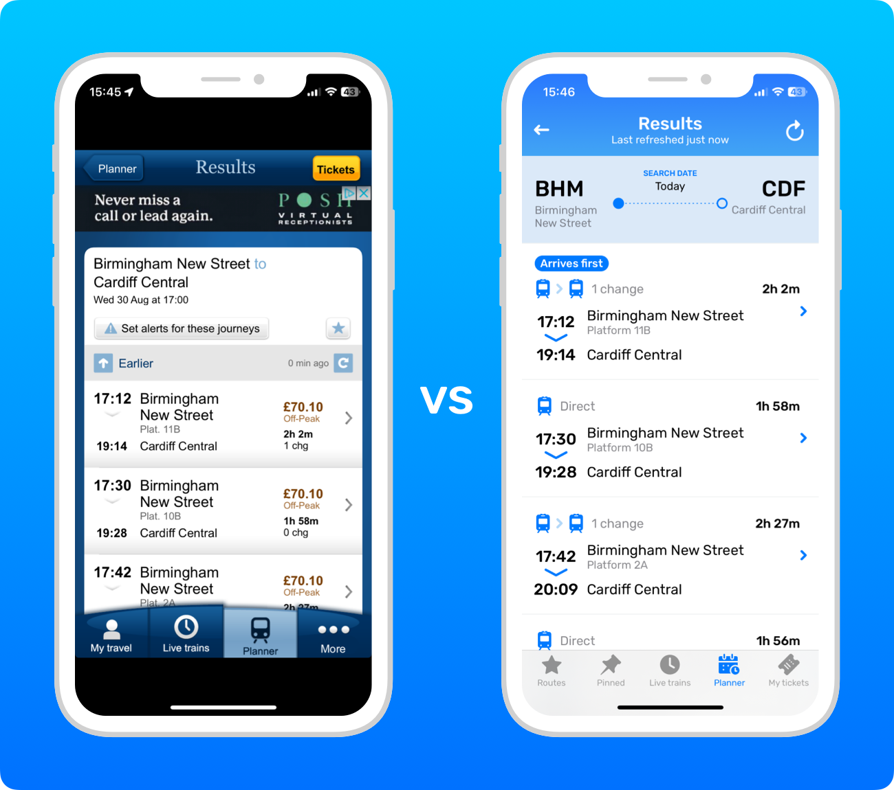 Screenshots of Planner results in the National Rail app vs in Railboard