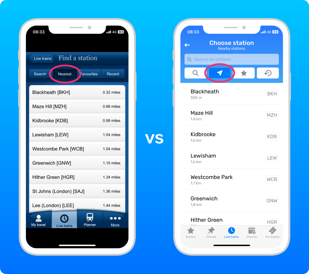 Screenshots of finding nearby stations in the National Rail app vs in Railboard