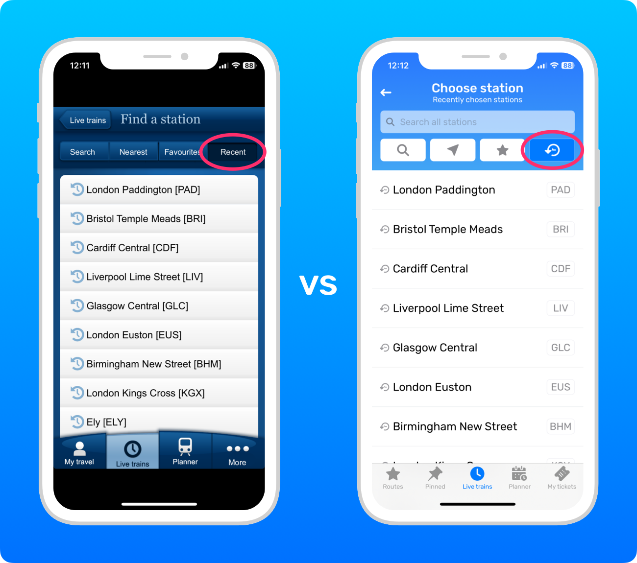 Screenshots of recently chosen stations in the National Rail app vs in Railboard