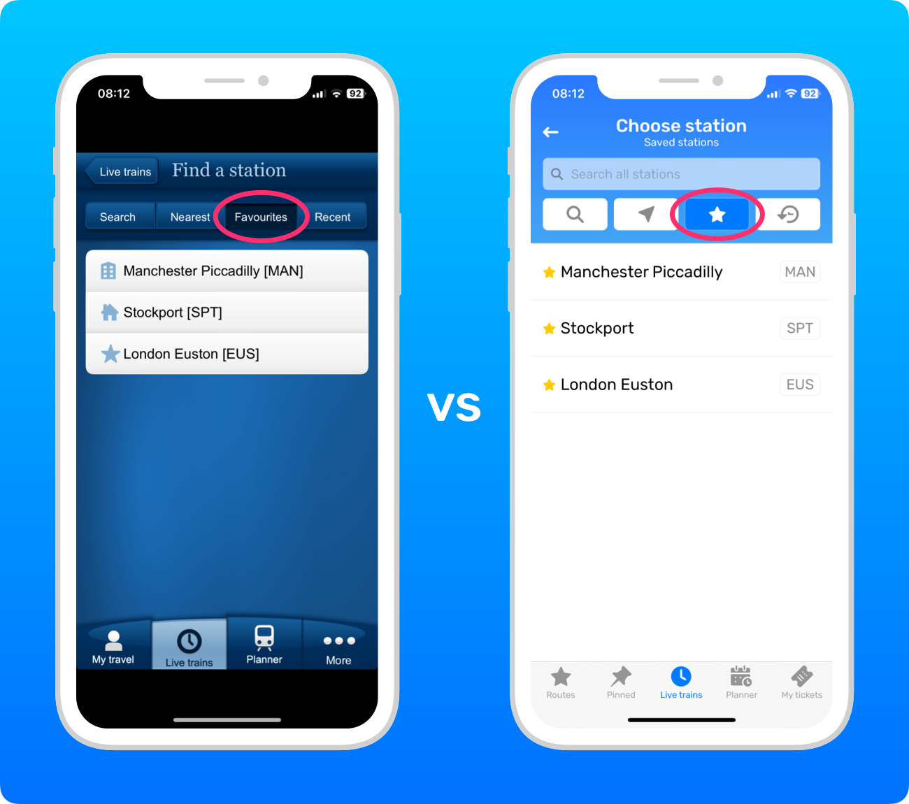 Screenshots of saved stations in the National Rail app vs in Railboard