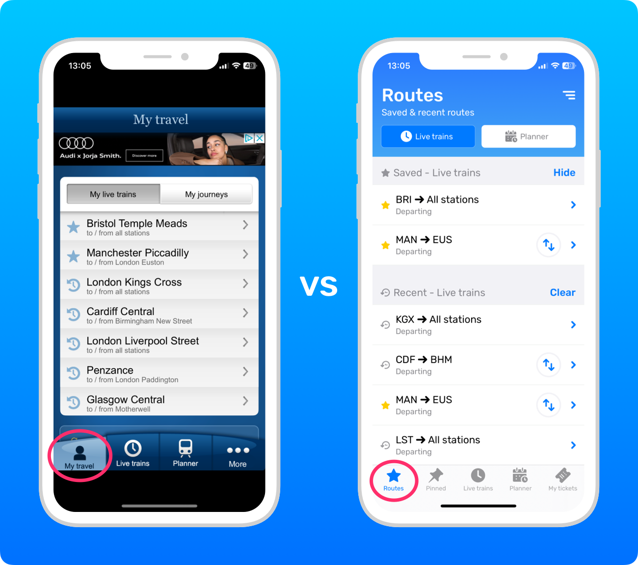 Screenshots of the “My travel” tab in the National Rail app vs the “Routes” tab in Railboard