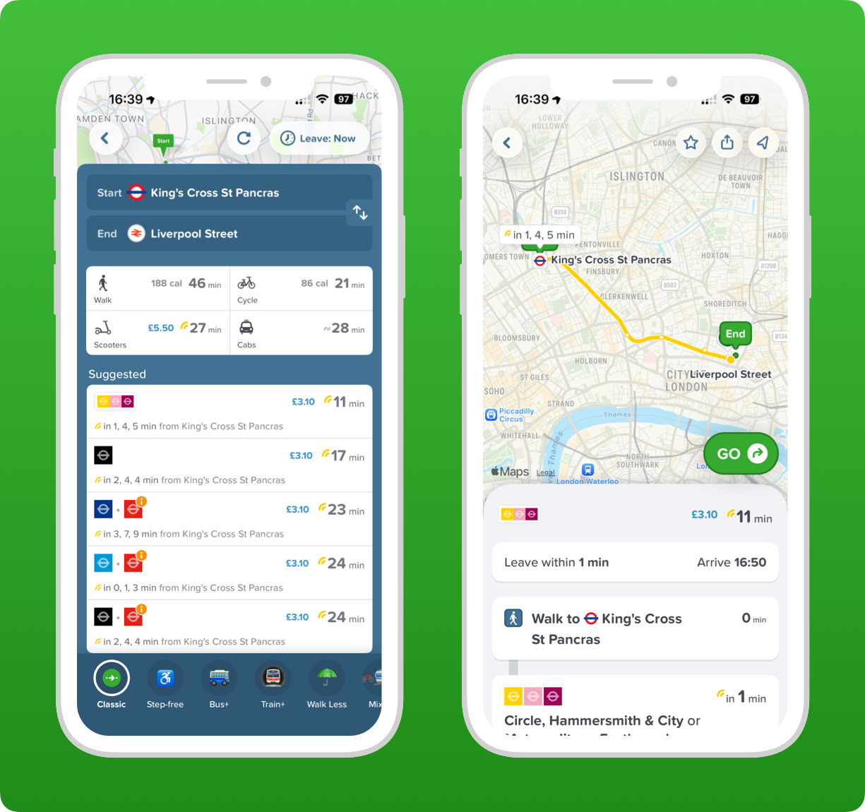 Screenshots of the Citymapper app.