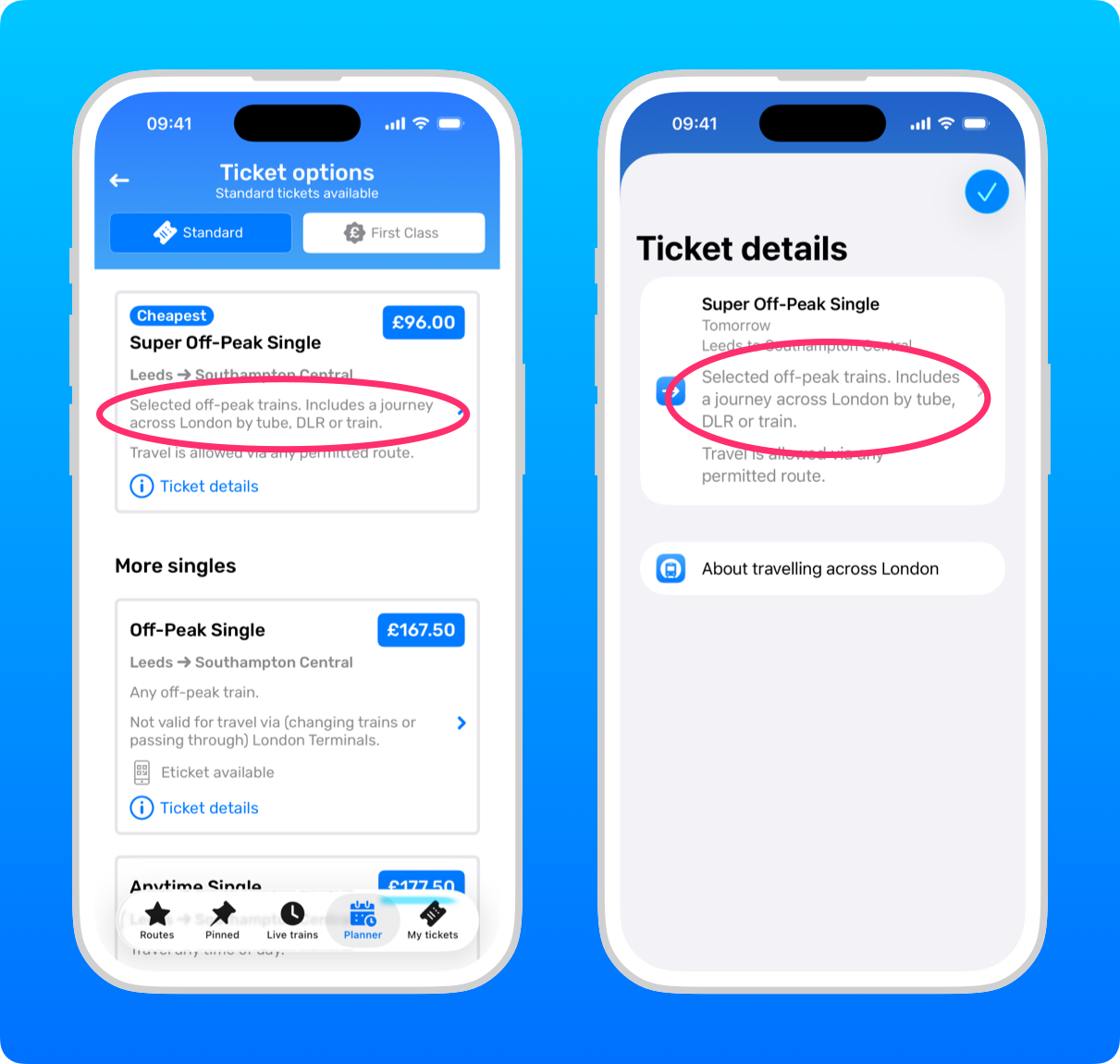 Screenshots of the Railboard ‘Ticket options’ and ‘Ticket details’ screens, showing where the “Includes a journey across London by tube, DLR or train.” text appears in the app.
