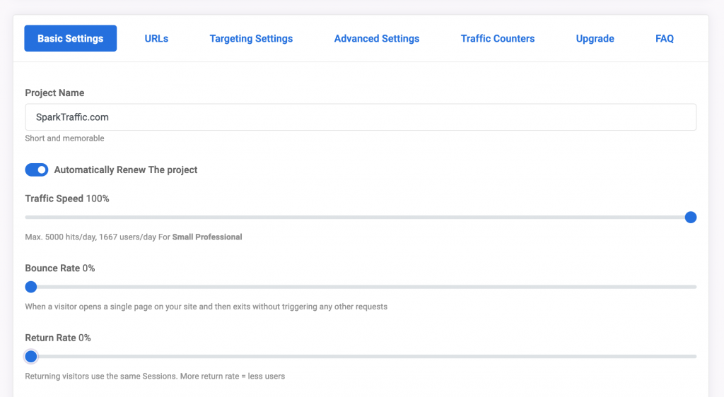 traffic speed parameter in the sparktraffic client panel