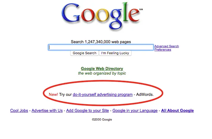 Early Google homepage promoting AdWords advertising program