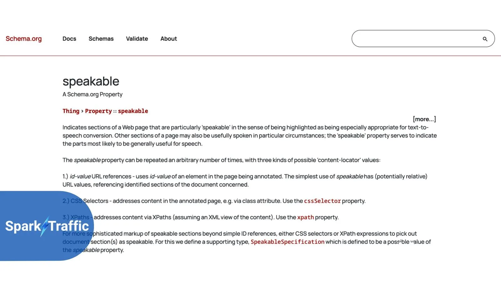 Screenshot from Schema.org explaining the speakable property for web page sections, enhanced by Spark Traffic for SEO optimization.