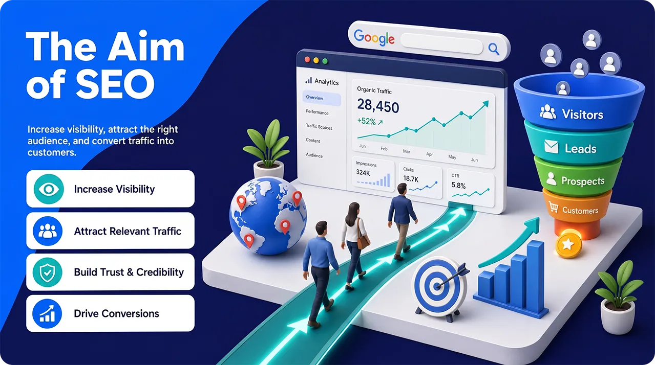 SEO goals illustration showing increased visibility, relevant traffic, trust, leads, and customer conversions