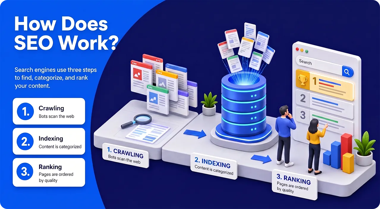 How SEO works illustration explaining crawling, indexing, and ranking in search engines