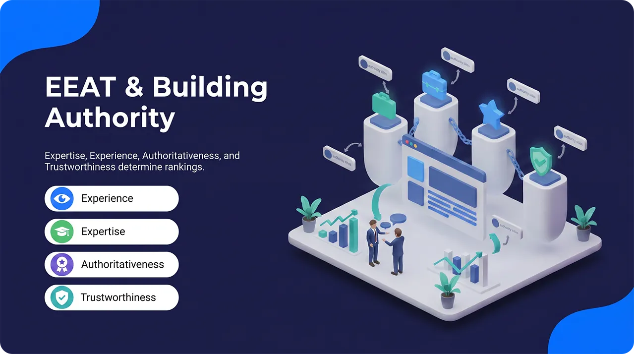 E-E-A-T SEO illustration showing experience, expertise, authoritativeness, trustworthiness, and website authority signals