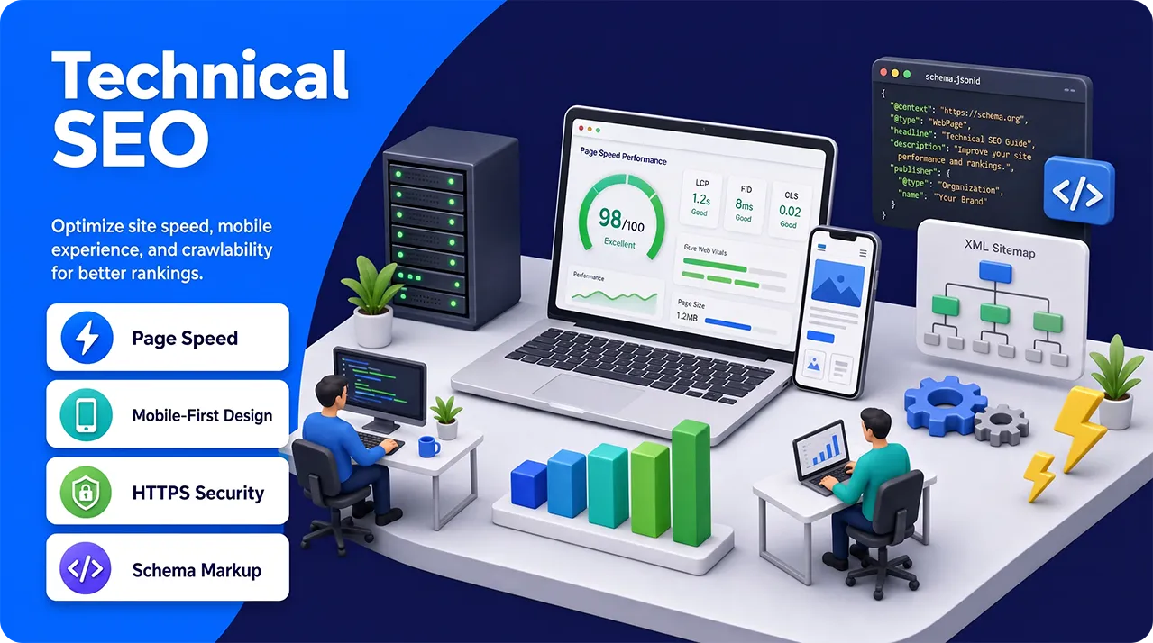 Technical SEO illustration showing page speed, mobile-first design, HTTPS security, schema markup, and XML sitemap