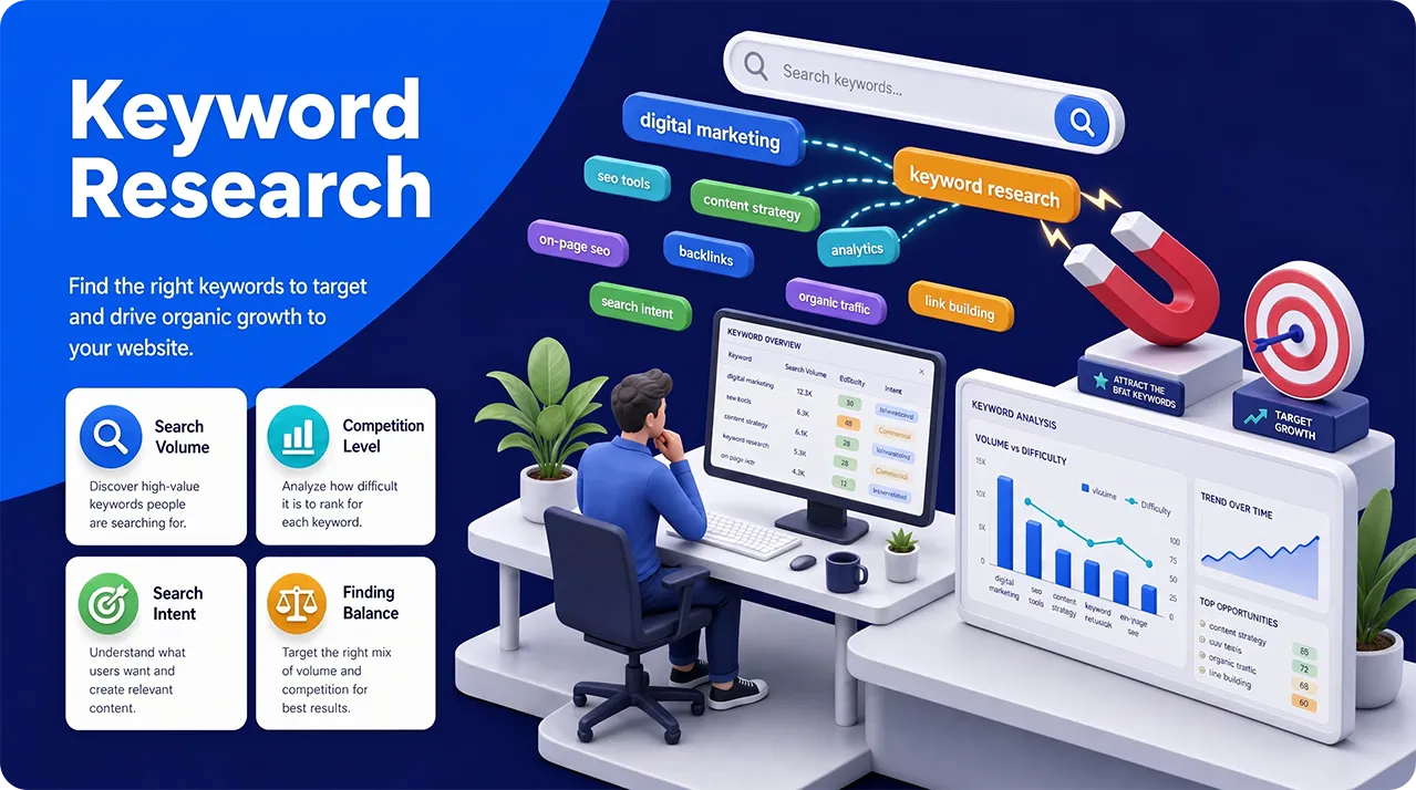 Keyword research illustration showing search volume, competition level, search intent, and keyword analysis tools