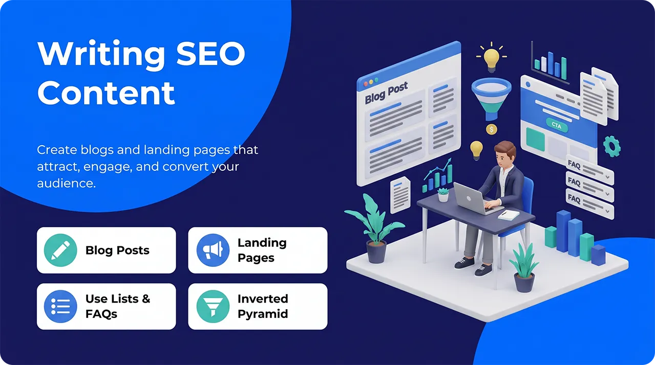 SEO content writing illustration with blog posts, landing pages, FAQs, CTA blocks, and content optimization